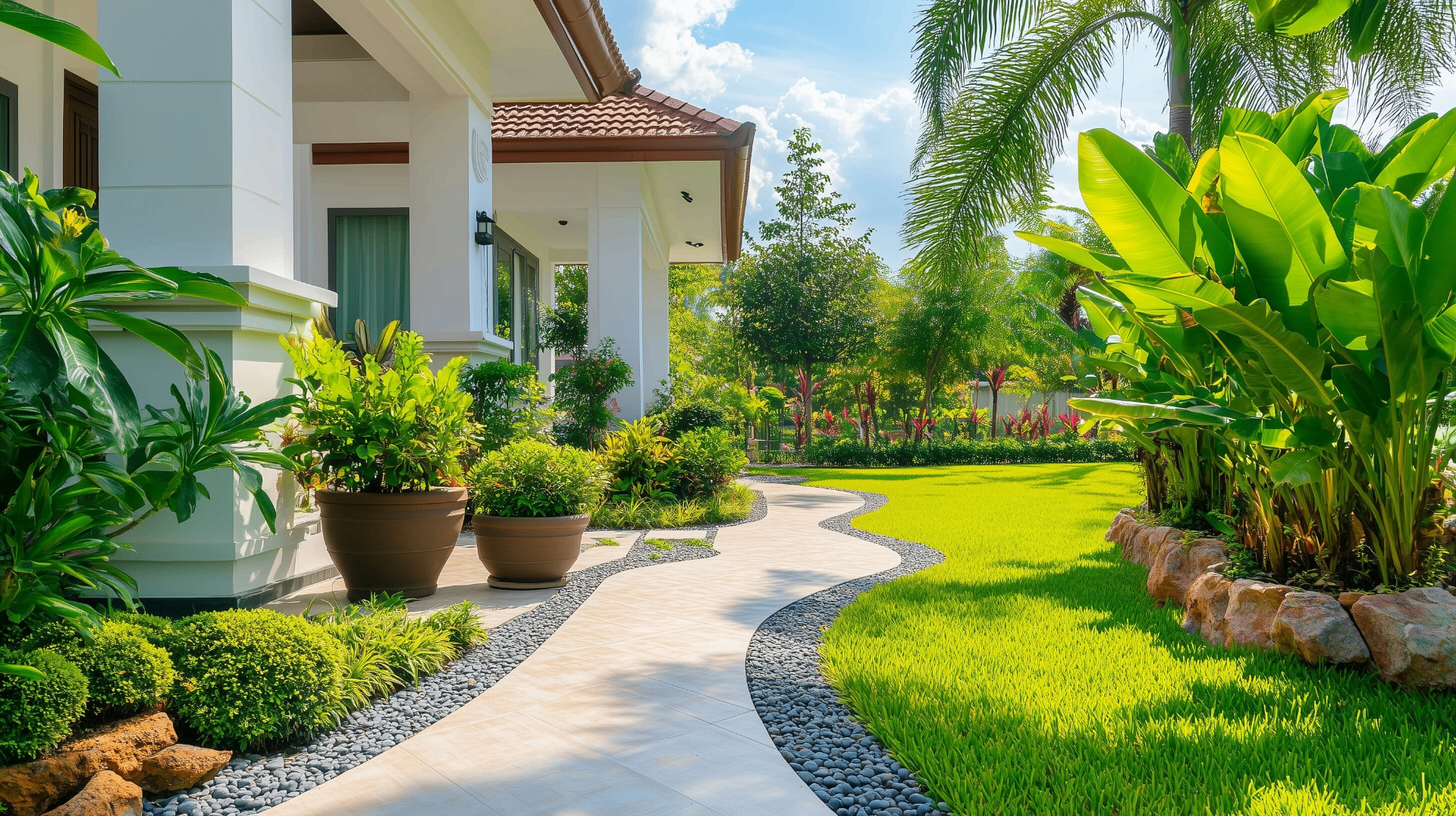 Natural stone walkway through a landscaped yard