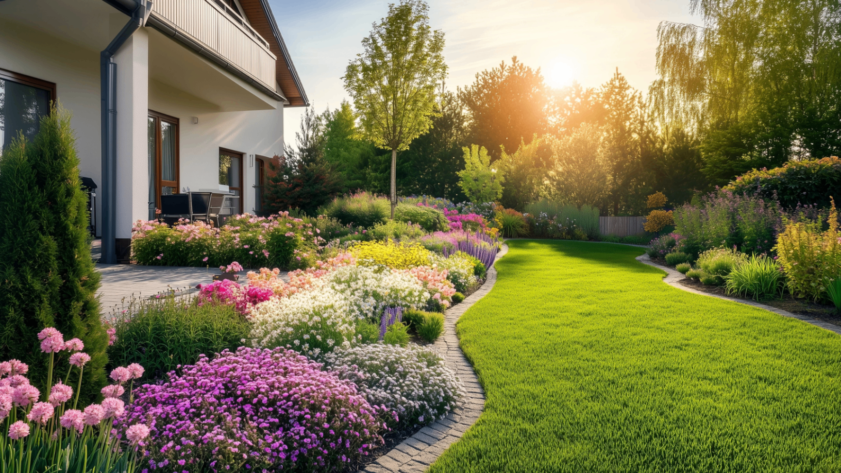 Colorful flower garden and lush lawn at golden hour