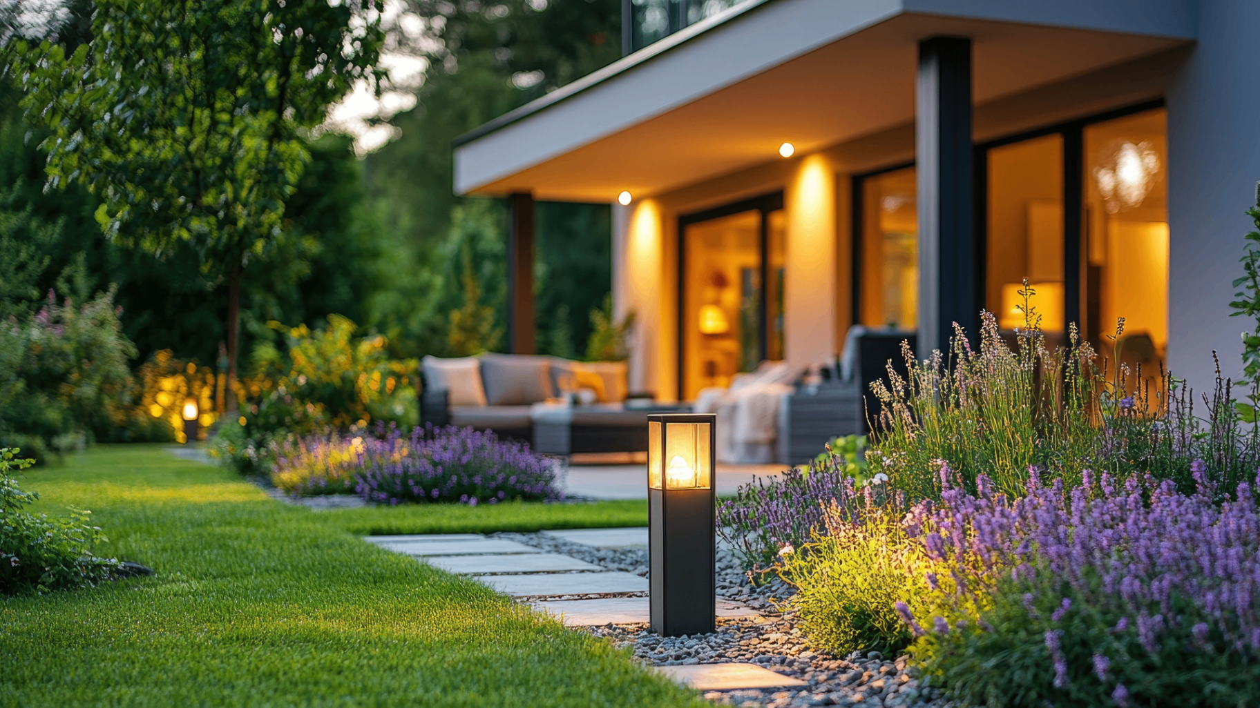 Modern home with lavender beds and pathway lighting at dusk